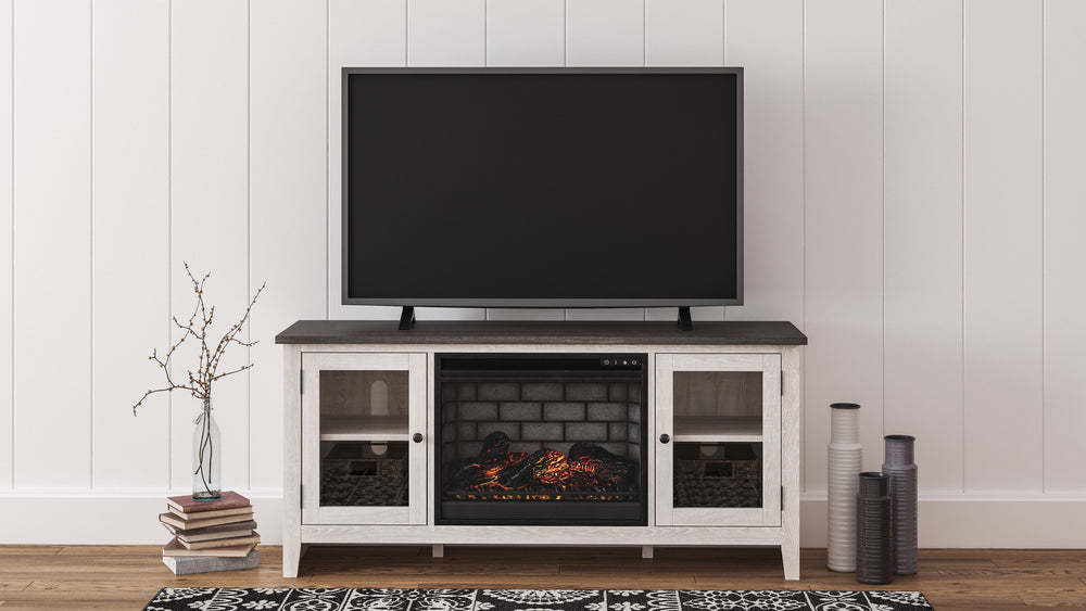 With its two-tone finish and minimalist charm, this TV stand with infrared fireplace insert is right in tune with your relaxed approach to high style. Beautifully made to accommodate your media equipment, itâ€™s well equipped with adjustable shelving, cut