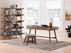 Casual Contemporary design. Made with Rubberwood solids, Mango wood veneer and MDF substrates. Finished in a medium brown natural wood tone. Desk drawers feature French/English dovetail construction, fully finished interiors and heavy duty ball-bearing si