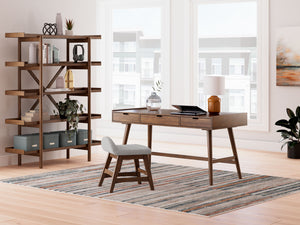Casual Contemporary design. Made with Rubberwood solids, Mango wood veneer and MDF substrates. Finished in a medium brown natural wood tone. Desk drawers feature French/English dovetail construction, fully finished interiors and heavy duty ball-bearing si