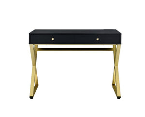  the Coleen Writing Desk will give your workplace a distinct look with contemporary style. The brilliant table top on trendy cross-base legs gives the desk a gorgeous and lustrous look. It has two storage drawers for your offic