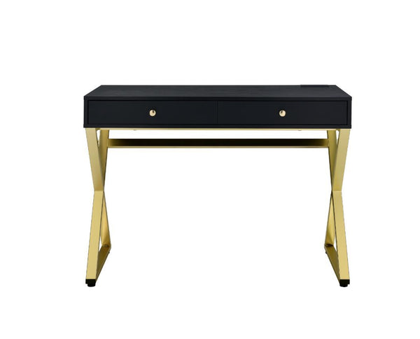  the Coleen Writing Desk will give your workplace a distinct look with contemporary style. The brilliant table top on trendy cross-base legs gives the desk a gorgeous and lustrous look. It has two storage drawers for your offic