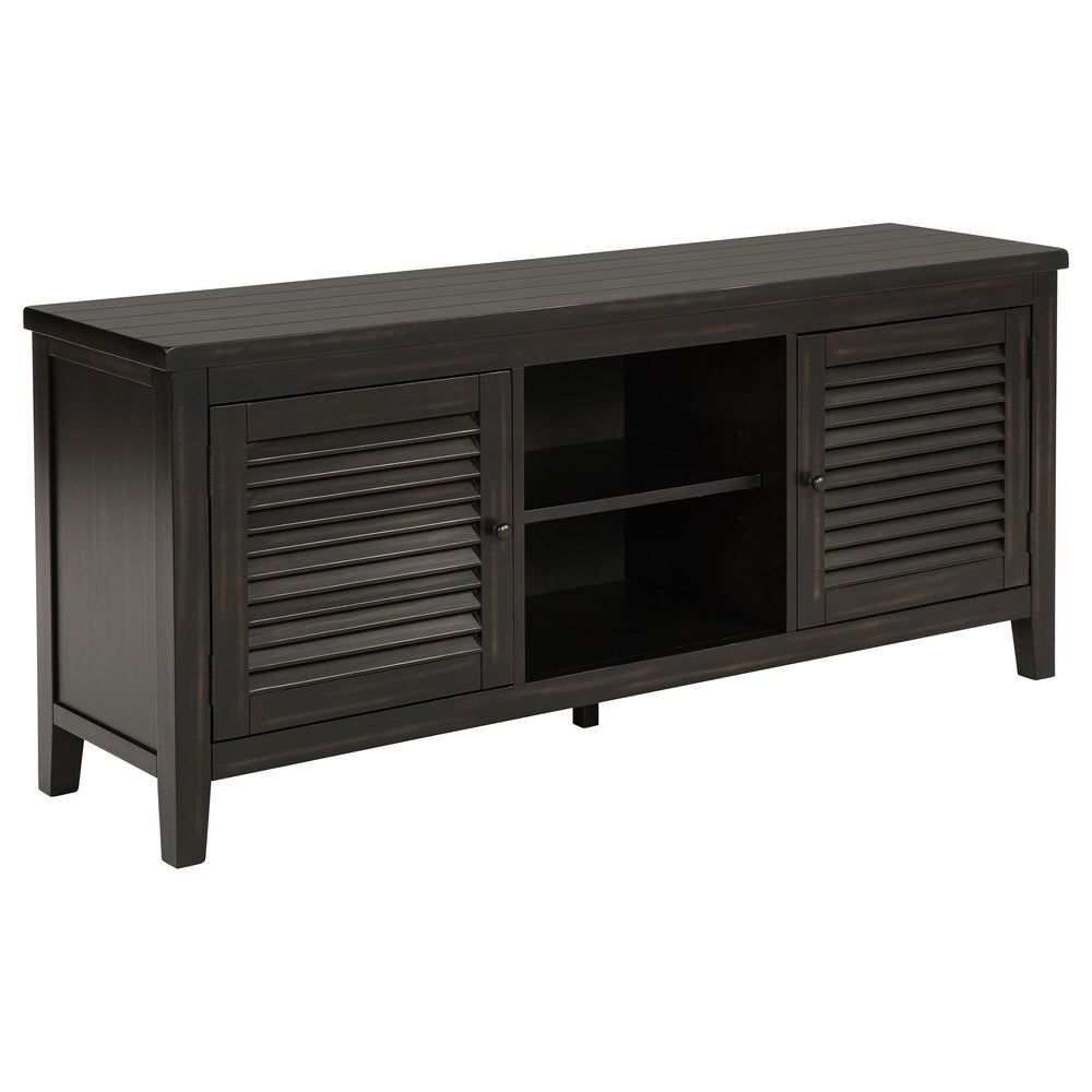 Upgrade your entertainment space with this stylish 60-inch TV stand, designed to accommodate TVs up to 65 inches. With two louvered doors, it combines classic charm with modern functionality, offering concealed storage for media equipment and accessories.