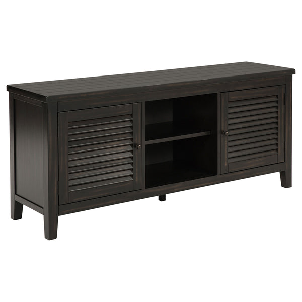 Upgrade your entertainment space with this stylish 60-inch TV stand, designed to accommodate TVs up to 65 inches. With two louvered doors, it combines classic charm with modern functionality, offering concealed storage for media equipment and accessories.