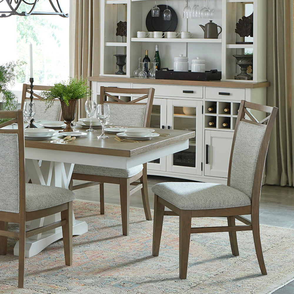 Americana Modern Dining Extendable Trestle Table with 8 Upholstered Chairs