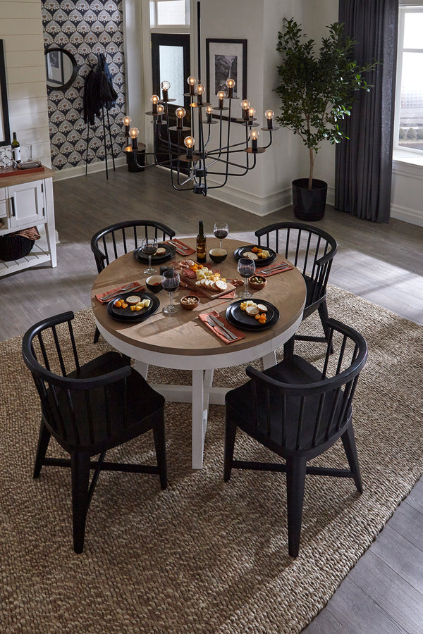 Americana Modern Dining 48-66" Round Dining Table and 4 Black Barrel Chairs