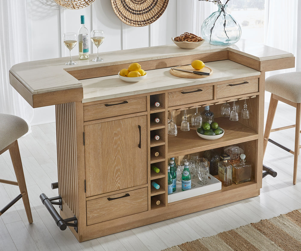 Escape - Dining 78" Bar with 2 upholstered swivel barstools