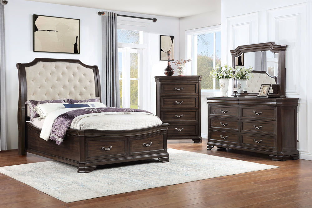 Discover the Lyndhurst 4 Piece Bedroom Set, a testament to enduring craftsmanship and timeless style. This set includes a magnificent bed, 6-drawer dresser, mirror, and 5-drawer chest, all in rich walnut brown. Crafted from solid Acacia, Acacia veneers, a