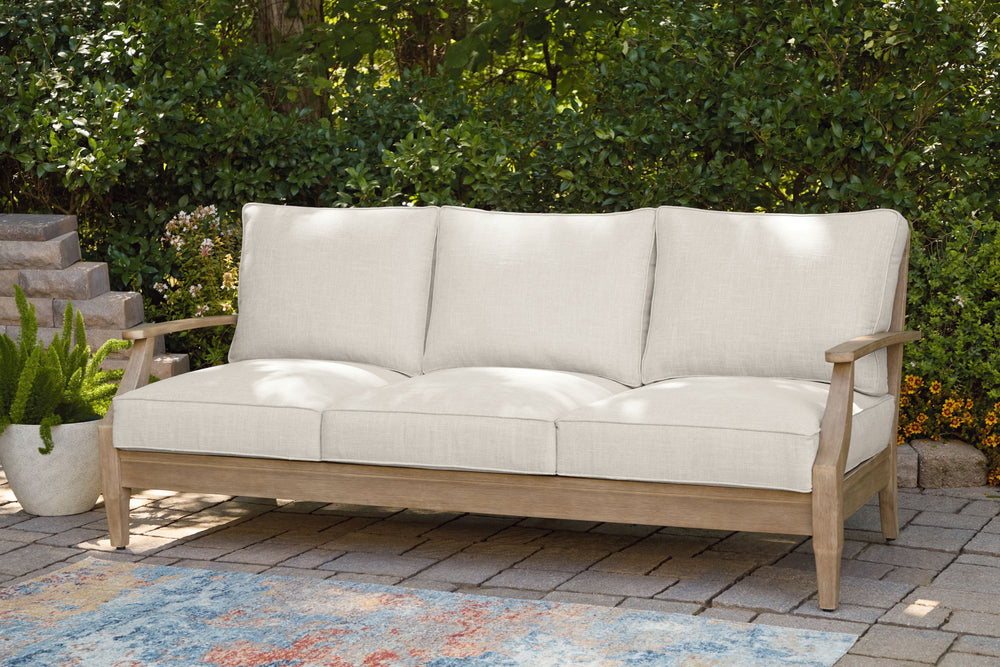 This outdoor sofa effortlessly pairs natural beauty with must-have durability. Its eucalyptus wood frame withstands the elements while making a high-style impression. And you can relax on the porch or poolside without the stress of added upkeepâ€”this sof