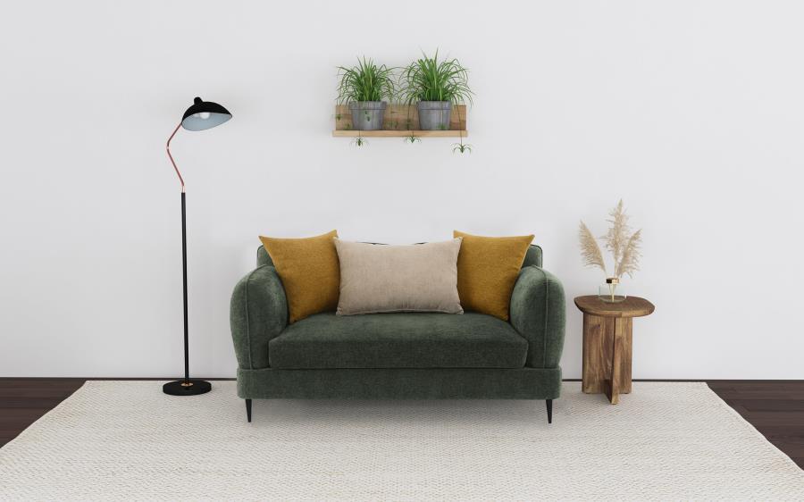 Enhance your living space with the modern elegance of this loveseat, designed to offer style, comfort, and functionality. Its sculpted round shapes and bench waterfall seat cushion provide a harmonious and inviting look, making it a perfect addition to an