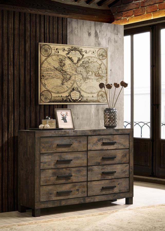 Bring a bedroom together with the rich, rugged design of this handsome, rustic style dresser. A golden brown finish with natural wood grains adds warmth and depth to its design. Eight storage drawers provide plenty of space for clothing and bedroom essent