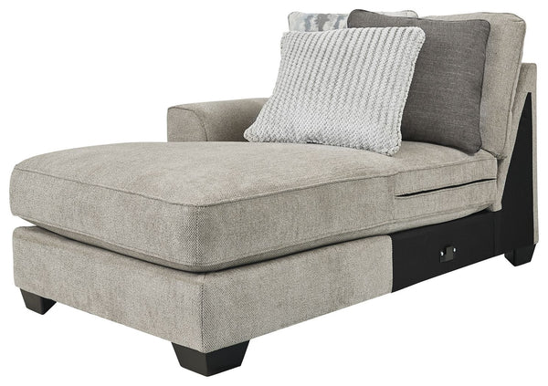 This left-arm facing corner chaise is made with polyester upholstery. Pairs with other items in the series to make a sectional.<br><br><b>Additional Dimensions</b><br><ul><li>Arm height: 26-"</li><li>Leg height: 3-"</li><li>Minimum width of doorway for de
