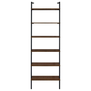  maximizing space utilization without overwhelming. It features six open shelves in a walnut