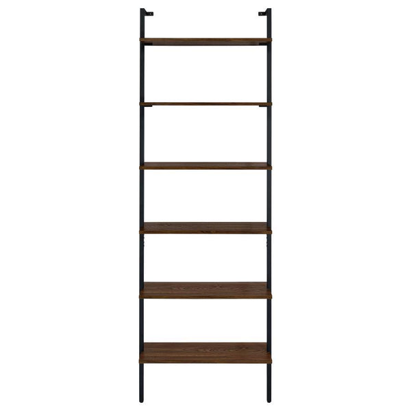  maximizing space utilization without overwhelming. It features six open shelves in a walnut