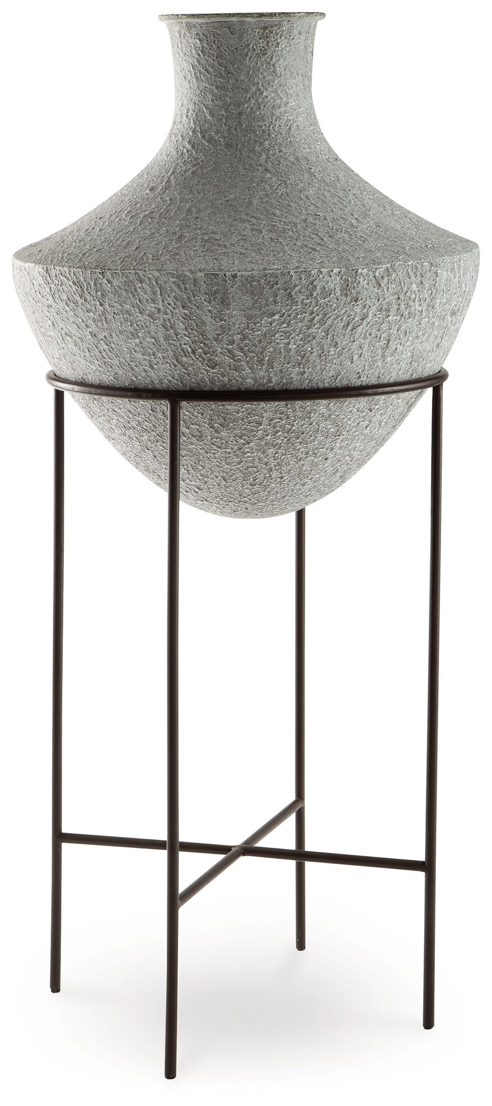 Take an effortlessly inviting approach to floor decor. This vase-'s distressed, textured look in a neutral hue pairs with a variety of casual color palettes. An espresso brown stand adds charming contrast to the look. And this vase enthusiastically welcom