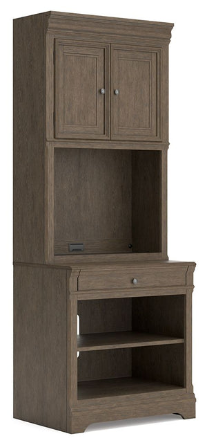 Make a style statement with this home office bookcase. Its traditional design is updated with an on-trend weathered gray finish and wire-brushed texture. A hutch with LED underlighting shines a light on those elusive reading glasses and other desktop item