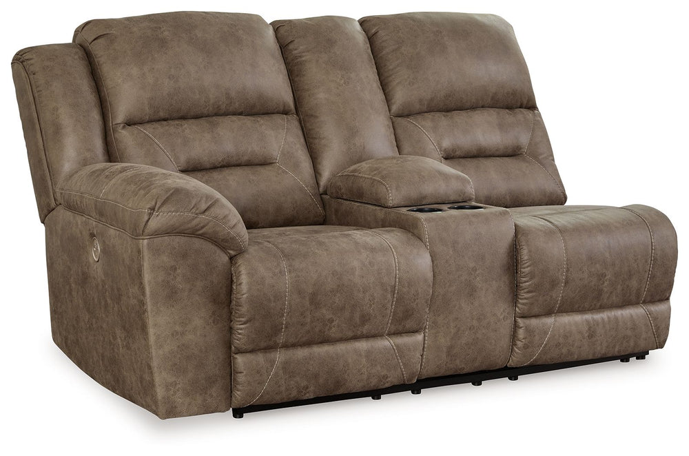 This left-arm facing power double reclining loveseat with console is made with faux leather upholstery. Pairs with other items in the series to make a sectional.<br><br><b>Additional Dimensions</b><br><ul><li>Arm height: 27-"</li><li>Distance between arms