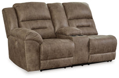 This left-arm facing power double reclining loveseat with console is made with faux leather upholstery. Pairs with other items in the series to make a sectional.<br><br><b>Additional Dimensions</b><br><ul><li>Arm height: 27-"</li><li>Distance between arms