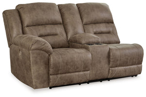 This left-arm facing power double reclining loveseat with console is made with faux leather upholstery. Pairs with other items in the series to make a sectional.<br><br><b>Additional Dimensions</b><br><ul><li>Arm height: 27-"</li><li>Distance between arms