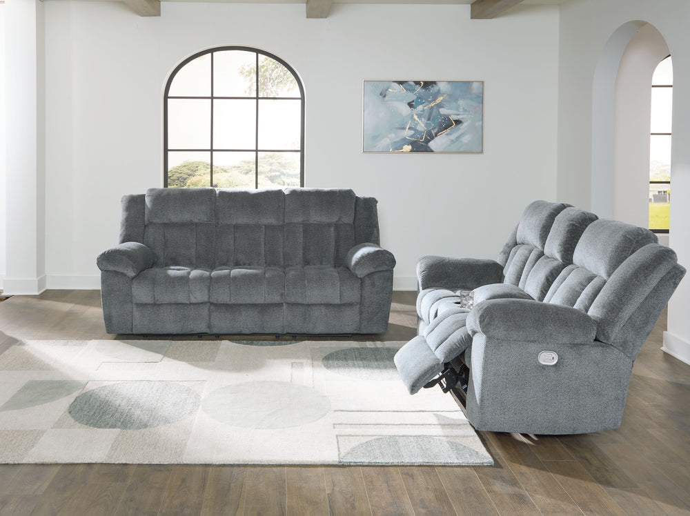 Big, bold comfort. Game time and movie nights meet their match with this power reclining seating package. Made for ultimate indulgence, the extra-deep seating encourages you to sit back and bliss out. And with plush upholstery in a trendy hue, you wonâ€™t