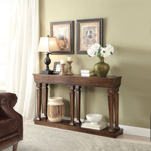  the GarrisonÂ sofa table will be the perfect piece to pick. The table fits nicely in the entry or living room. A solid wood frame with the warm oak finish blends easily in any living spa