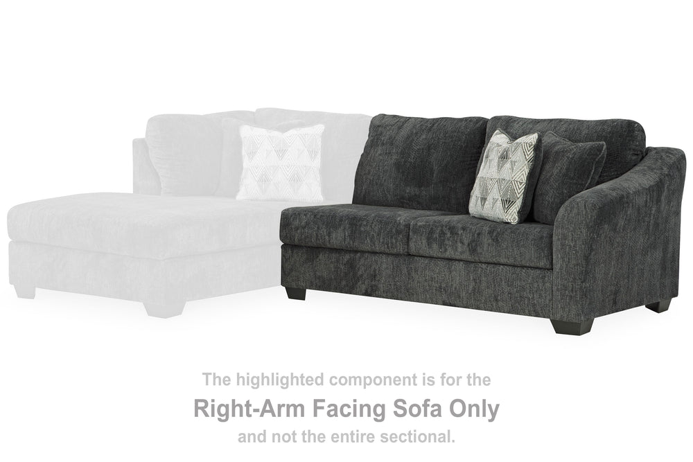 This right-arm facing sofa is made with polyester upholstery. Pairs with other items in the series to make a sectional, sold separately.<br><br><b>Additional Dimensions</b><br><ul><li>Arm height: 27-"</li><li>Seat depth: 32-"</li><li>Seat height: 20-"</li