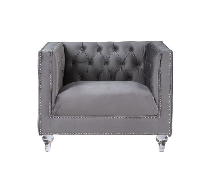 Impressive and bold, the Heiberoll living room collection is sure to impress your guests. The set includes mirrored side trim with faux diamonds to add a glimmering touch. The whimsical acrylic turned legs give off the illusion that the pieces are floatin
