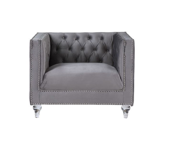  the Heiberoll living room collection is sure to impress your guests. The set includes mirrored side trim with faux diamonds to add a glimmering touch. The whimsical acrylic turned legs give off the illusion that the pieces are floatin