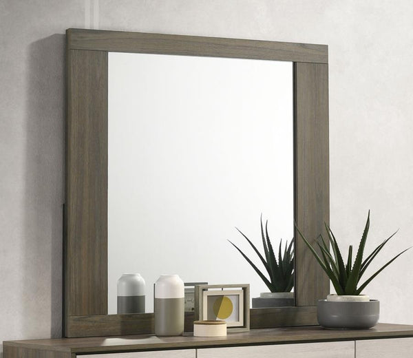  this mirror features a sleek melamine frame that blends natural wood tones for a modern aesthetic. The large reflecti