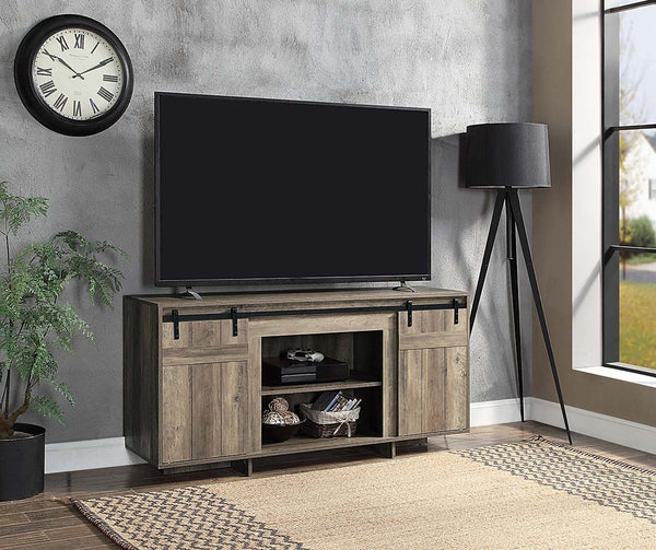 Begin designing your cozy and farmhouse style living room with the Bellarosa TV Stand. It is design with a wooden case-frame with sled base full of warm brown and rustic elements. Two sliding barn doors with metal hardware add textures to this wooden piec