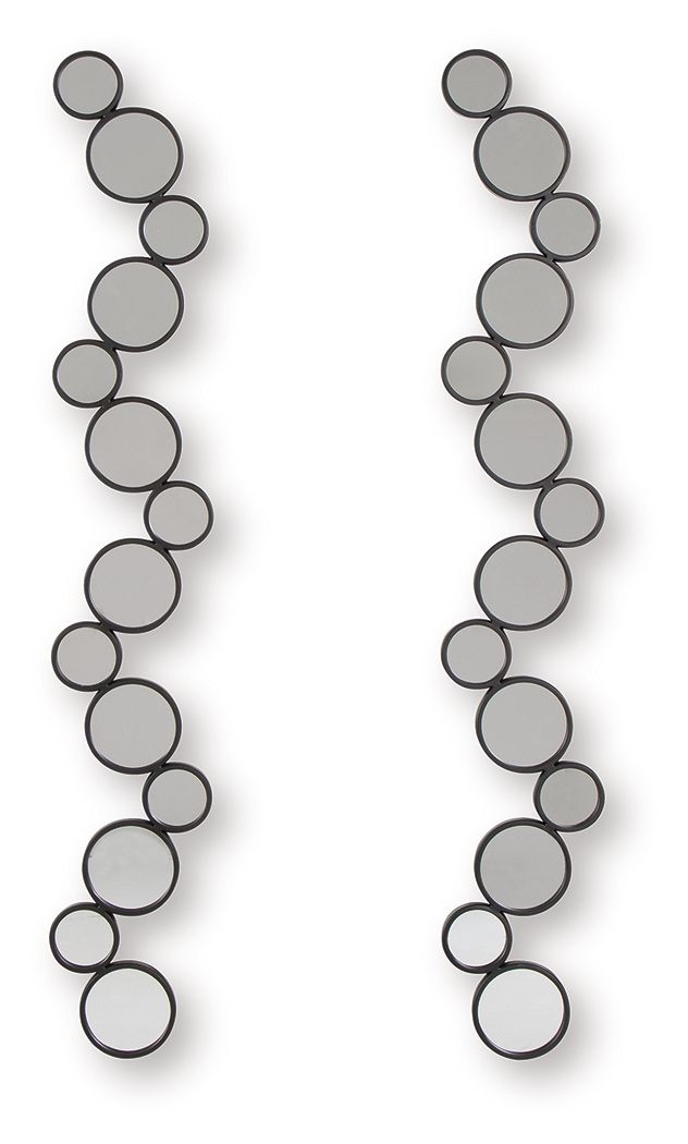 Time to refresh your walls? This accent mirror set is ready to introduce some modern whimsy. A playful arrangement of circular mirrors creates a unique and eye-catching design, while the black frames add a sleek, sophisticated touch. You can hang them fou