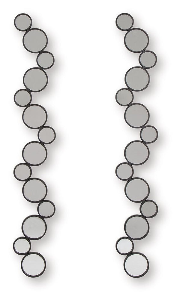 Time to refresh your walls? This accent mirror set is ready to introduce some modern whimsy. A playful arrangement of circular mirrors creates a unique and eye-catching design, while the black frames add a sleek, sophisticated touch. You can hang them fou