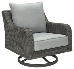 Add a distinguished touch of gray to your outdoor living space with this swivel lounge chair. It-'s made with resin wicker over an aluminum frame for a relaxed look that provides seasons of enjoyment. Rest assured, the thick seat and back cushions are wra