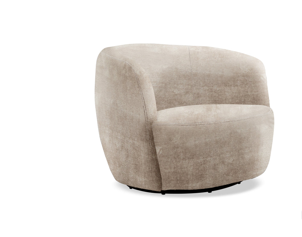 This swiveling accent chair updates your living room with a playful, modern look. It-'s made with a kiln-dried solid pine wood frame with a streamlined barrel silhouette. The design features a curved back with foam padding and a seat bolstered with sinuou