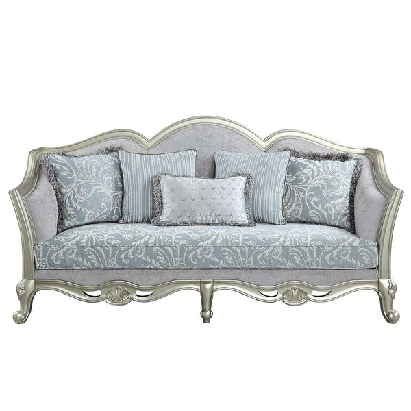  this Qunsia sofa makes a gracious statement in a comforting light gray linen upholstery fabric. Delicate curves invite the eye