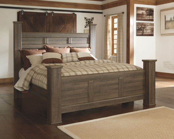 Get the look of posh barn wood without setting foot in a salvage yard. Replicated rough-sawn oak of this king poster bed has a vintage finish that is reminiscent of a timeworn family heirloom. Warm, rustic and naturally beautiful, itâ€™s just got that age