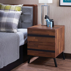 KD, Rectangular Leg Night Table â€¢ Storage: 2 Drawers (Open Base) â€¢â€¢ CONSTRUCTION â€¢â€¢ Wood Case-Frame: Walnut Finish, MDF, PB (Back Panel Finished) â€¢ Metal Sloped Leg: Sandy Black Finish, Powder Coating â€¢â€¢â€¢ Drawer: Front w/Black Trim Inlay