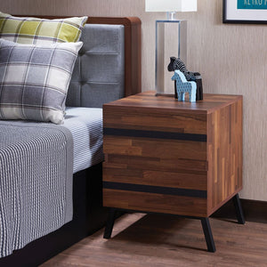 KD, Rectangular Leg Night Table â€¢ Storage: 2 Drawers (Open Base) â€¢â€¢ CONSTRUCTION â€¢â€¢ Wood Case-Frame: Walnut Finish, MDF, PB (Back Panel Finished) â€¢ Metal Sloped Leg: Sandy Black Finish, Powder Coating â€¢â€¢â€¢ Drawer: Front w/Black Trim Inlay