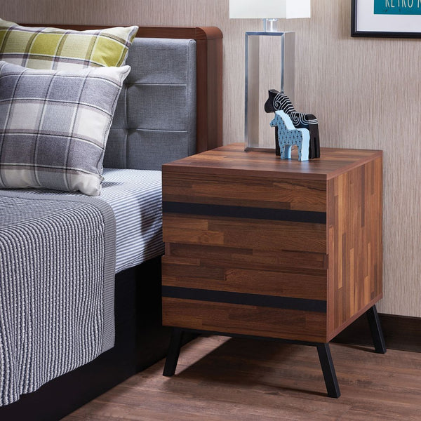 KD, Rectangular Leg Night Table â€¢ Storage: 2 Drawers (Open Base) â€¢â€¢ CONSTRUCTION â€¢â€¢ Wood Case-Frame: Walnut Finish, MDF, PB (Back Panel Finished) â€¢ Metal Sloped Leg: Sandy Black Finish, Powder Coating â€¢â€¢â€¢ Drawer: Front w/Black Trim Inlay