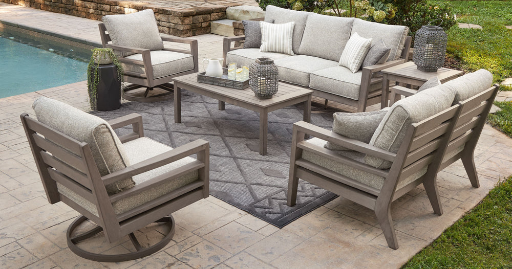 This set is a beautiful addition to any outdoor living space. Weatherwood. Synthetic material that looks like wood. Nuvella premium high performance fabric. Stainless steel hardware. Aluminum table supports. Loveseat includes 2 throw pillows and sofa incl
