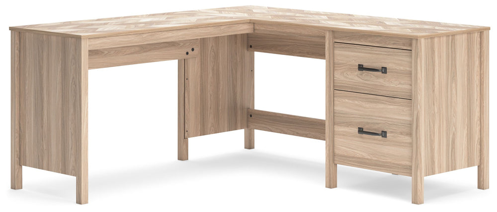 Your home office should reflect your style. Introducing a touch of mid-century modern design, this desk and return with its two-tone finish and unique chevron pattern is sure to enhance the scheme of any home office. Spacious work surface and ample storag