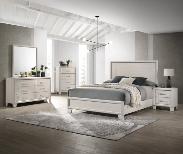 This elegant bedroom collection presents a sophisticated ensemble perfect for creating a refined modern aesthetic in your sleeping quarters. The suite features a sleek, minimalist design with crisp, clean lines and a lustrous white finish that exudes cont