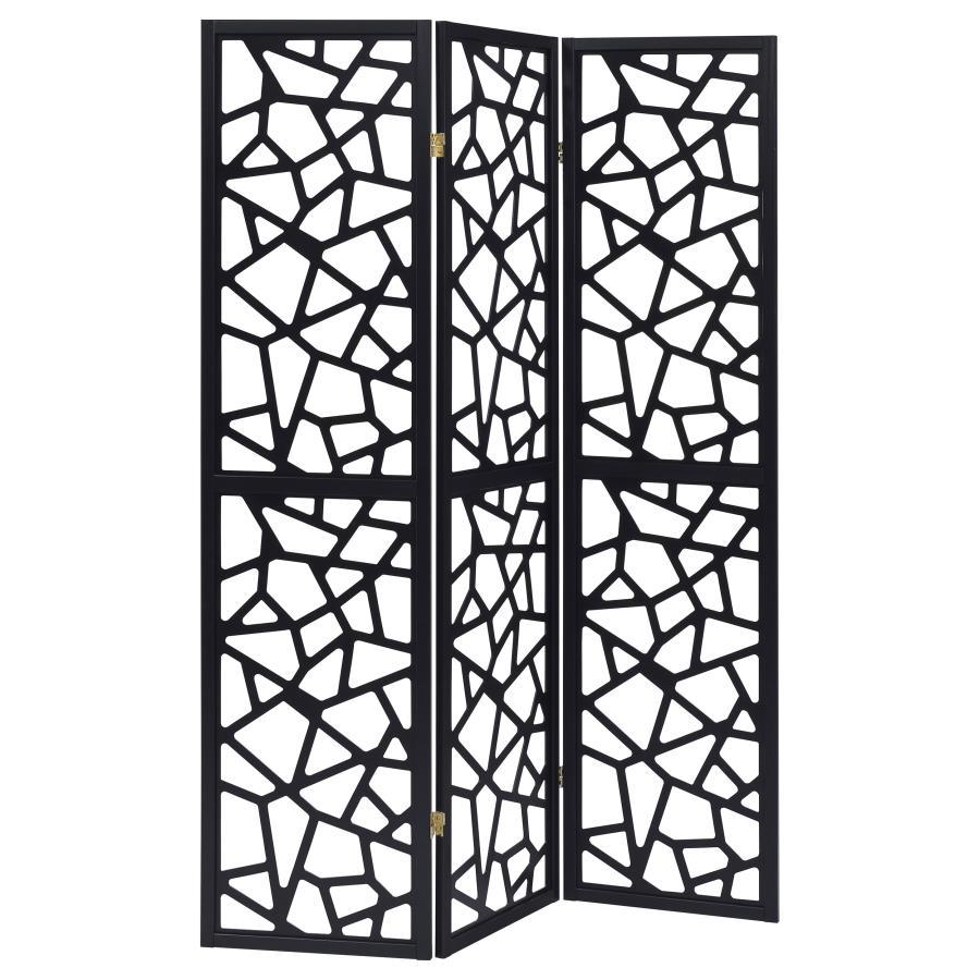 Make a bold statement in any space with this 3-panel room divider, featuring an eye-catching mosaic cutout pattern that enhances modern and mid-century dÃ©cor. The sleek black finish creates a striking contrast, while the open geometric design allows ligh