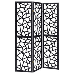 Make a bold statement in any space with this 3-panel room divider, featuring an eye-catching mosaic cutout pattern that enhances modern and mid-century dÃ©cor. The sleek black finish creates a striking contrast, while the open geometric design allows ligh