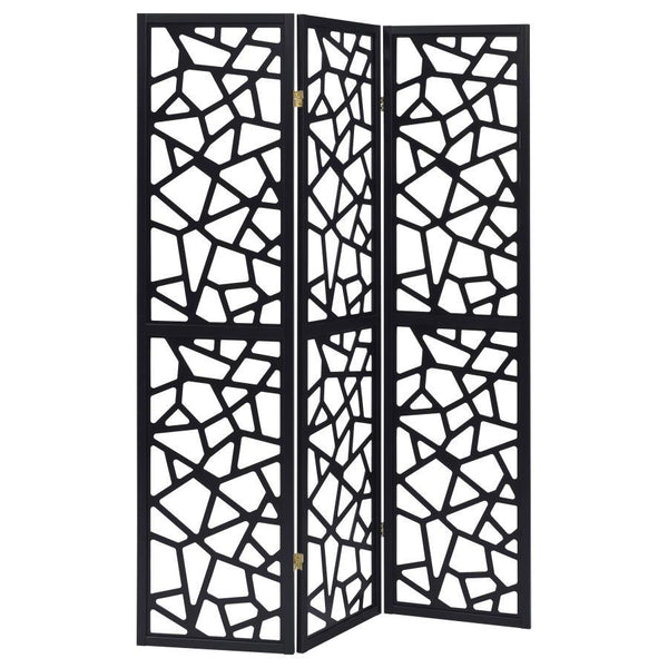Make a bold statement in any space with this 3-panel room divider, featuring an eye-catching mosaic cutout pattern that enhances modern and mid-century dÃ©cor. The sleek black finish creates a striking contrast, while the open geometric design allows ligh