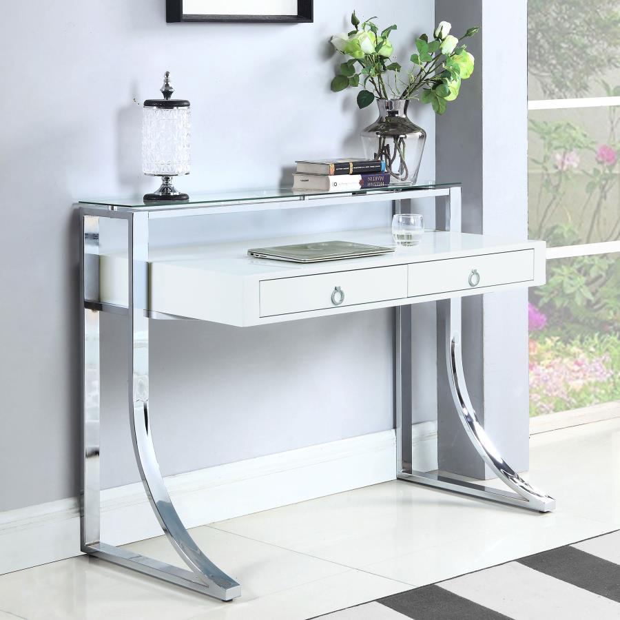 Add an edge of contemporary flair to any living space. This sleek, stylish writing desk exudes glamorous appeal. Its eye-catching frame is expertly crafted with a gracefully curved silhouette. Its gorgeous, glossy white surface blends appealingly with its