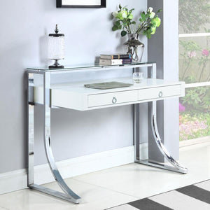  stylish writing desk exudes glamorous appeal. Its eye-catching frame is expertly crafted with a gracefully curved silhouette. Its gorgeous