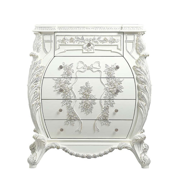  and lustrous finishes are all included in the Vanaheim Bedroom Collection. Extravagant scroll floral design with gold trim accent creates classic appeal and timeless silhouettes. Button tufted headboard and footboard 