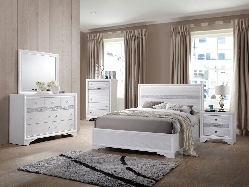 The Naima bedroom collection offers sophisticated look, clean lines and contemporary style. Features panel headboard, and low profile footboard in bright white finish with contrasting sparkling acrylic trim, which provides elegant style that will bring yo