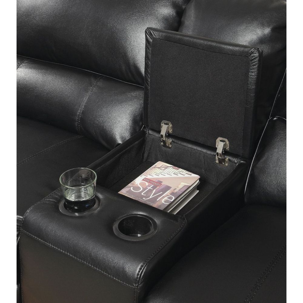 The Saul sectional collection offers luxurious contemporary looks and multi-function features. Fully wrapped with smooth leather-aire and framed with hard wood, quality and durability are guaranteed for your enjoyment. Features two power motion reclining 