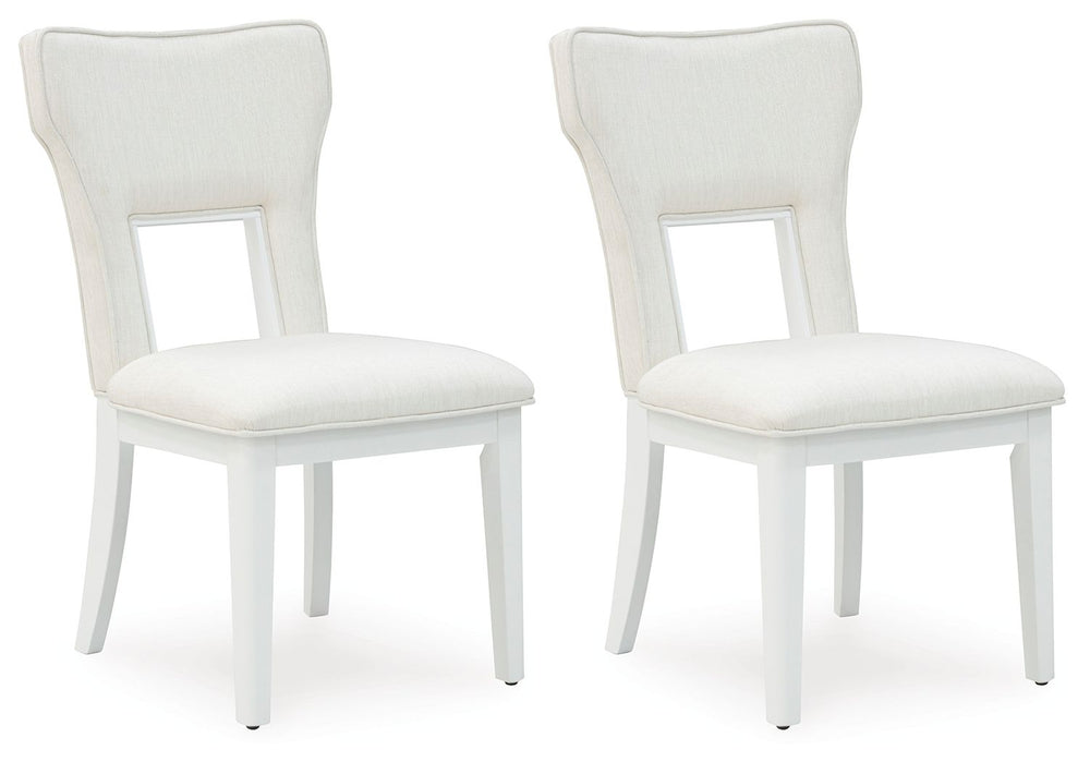 Embracing modern glamour, this dining chair is a dazzling addition to your dining area. A bright white lacquer finish and a contemporary cutout design give it a look all its own. The sumptuous upholstery wows with metallic thread accents.<br><br><b>Additi